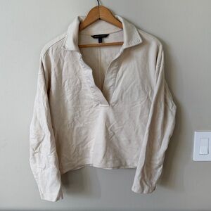 BANANA REPUBLIC Oatmeal Beige Fleece Polo Collared Crop Sweatshirt Size M